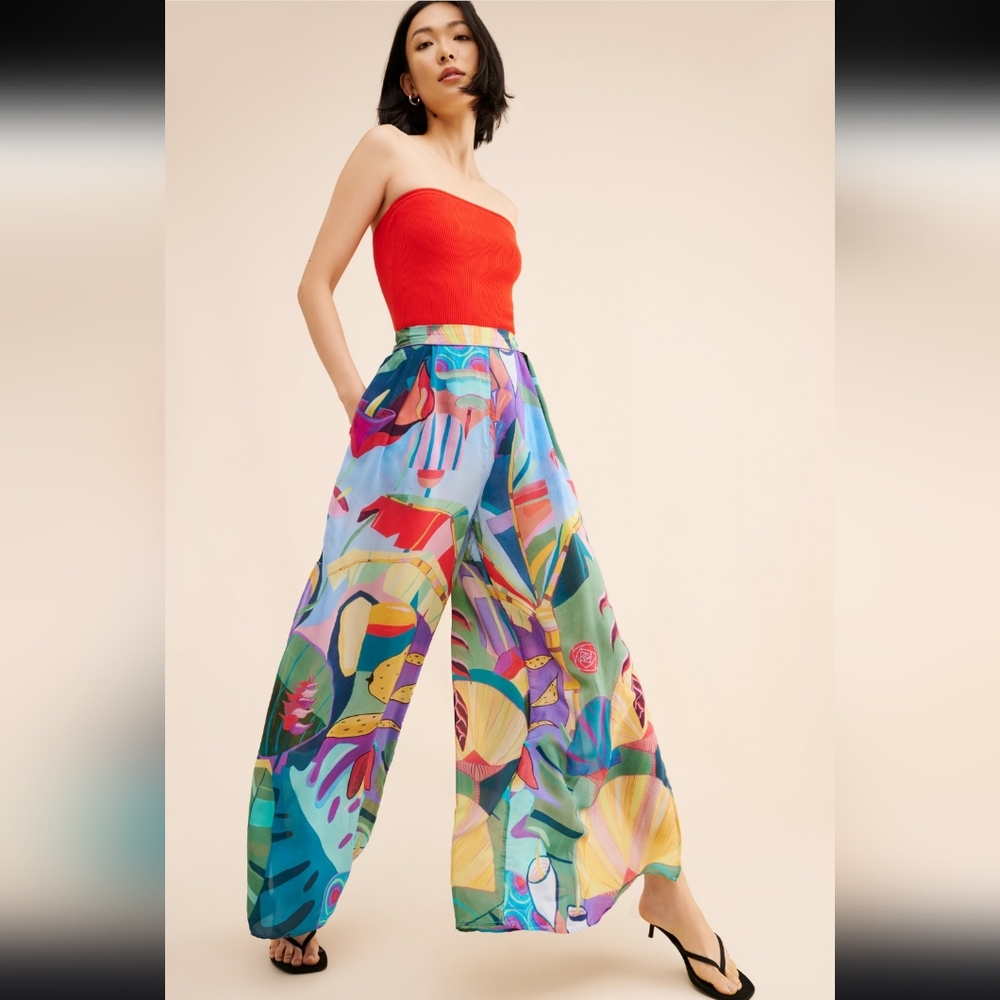 EUC FARM RIO Tropical Scenario Blue Slit Shiny Pants Size M